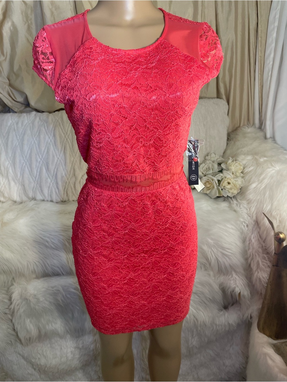 As U Wish Coral Pink Lace Mini Dress with Mesh Panels